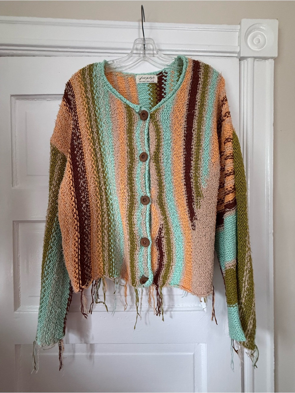 Free People Striped Button-Front Cardigan in Mint, Peach & Olive